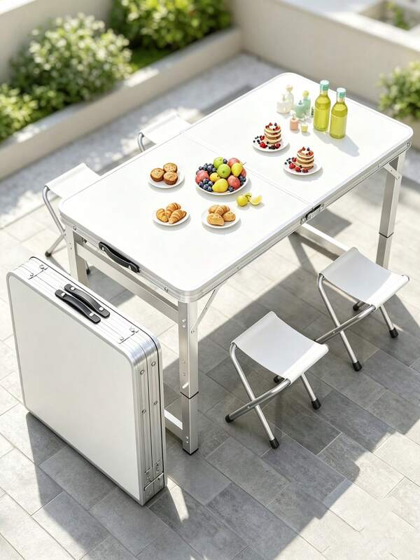 Portable Folding Camping Table With 4 Foldable Stools, 120cm Adjustable Height Aluminum Foldable Table, Sturdy And Durable,Outdoor Table And Chair Sets,Easy To Carry,Outdoor Picnic BBQ Travel Fold Up Desk For Garden, Beach Travel, Hiking