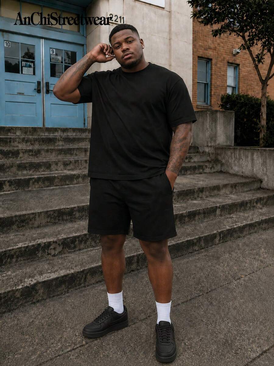 AnChiStreetwear - 大码男士夏季休闲运动纯色圆领短袖T恤短裤两件套,男士西装,男士夏季套装,假日休闲装 - 黑色 - 查看 1
