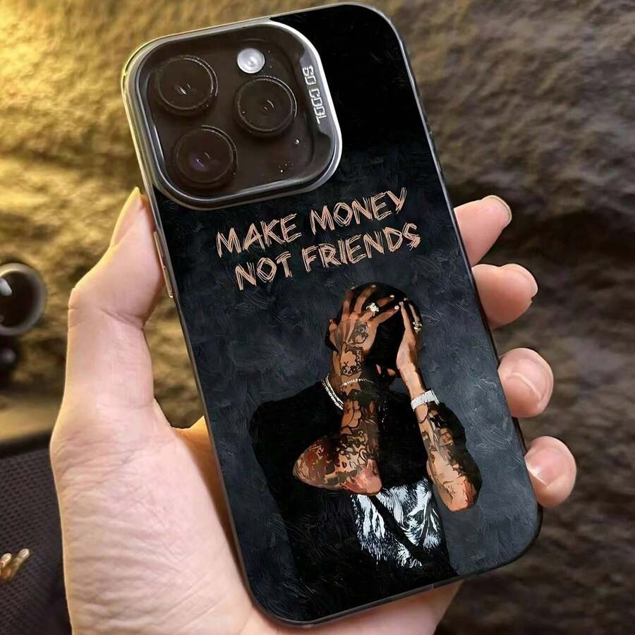 Phone Case For IPhone 16 Pro Max 15 Plus 14 13 12 11 XR XS Make Money Not Friends Pattern Matte Military-Grade Drop Protection Silicone Cover - Black - View 1