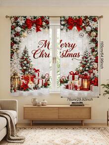 2pcs Christmas Theme Decorative Curtains, Minimalist Luxury European Style Christmas Print Curtains - Red Bow Christmas Tree Christmas Pattern, 100% Polyester Light Filtering Rod Pocket Curtains, Suitable For Living Room And Bedroom, Rod Not Included, Living Room Christmas Curtains, Holiday Window Decor - Multicolor - View 13