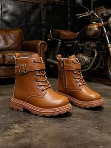 1 Pair Brown Short Boots, Metal Buckle Decor + Soft PU Fabric, Round Toe Elastic Sole, Front Lace-Up + Inner Zipper Motorcycle Boots, Suitable For Men And Girl Campus Wear, Daily, Holiday, Vacation, Outdoor - Brown - View 1