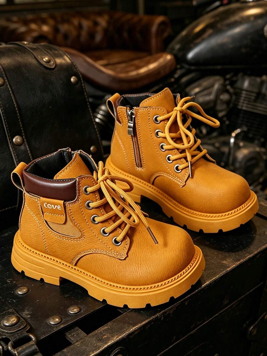 1 Pair Vintage Yellow Kids' Motorcycle Boots, Round Toe Rubber Non-Slip ...