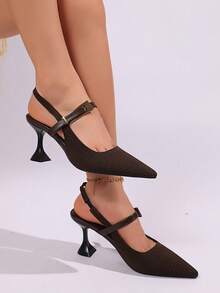 Zapatos de tacón alto con punta puntiaguda y tira trasera de punto marrón para mujer, mocasines sin espalda con hebilla de metal y tacón de aguja, sandalias de tacón acampanado vintage francés con punta cerrada, zapatos de moda versátiles de bajo empeine para ir al trabajo, zapatos elegantes y estilizados para fiestas de mujer - Marrón - Ver 4