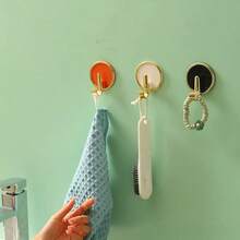 1Pc/4/8Pcs Gold Rim Round No-Drill Adhesive Hooks, Colorful Wall Hooks, Bathroom Towel Hooks, Key Hooks, Strong Traceless Adhesive Hooks - Multicolor - View 3