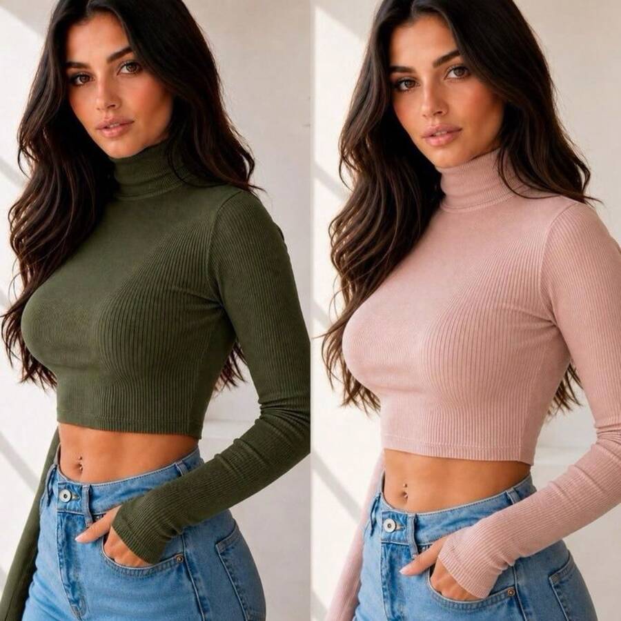 Kit 2 Blusa Cropped Gringa Manga Longa com Dedeira Gola Alta Anarruga Premium Cacharrel Conforto Alta Elasticidade - kit 2 verde militar/nude - Visão 1