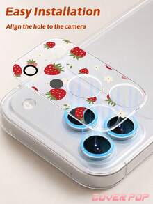 1pc Strawberry Pattern Lens Protector, Compatible With Phone 17 Pro/17 Pro Max, Cute & Exquisite Lens Decoration, Enhances Phone Overall Texture, More Atmosphere For Casual Photography, Tempered Glass High Definition Full Coverage, Scratch-Resistant & Wear-Resistant, Compatible With Phone Cases, Fashionable Small Gift For Girlfriend/Best Friend - Clear - View 6