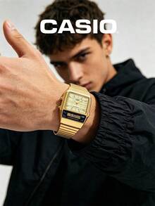 CASIO Vintage Gold Square Outdoor Sports Dual Display Watch Collection, Retro Metal Steel Band Square Watch, Solar Powered Waterproof Multi-Function Outdoor Sports Electronic Watch - one-size - View 13