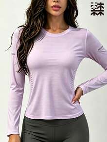 mulinsen Women's Slim Fit Quick Dry Sports T-Shirt, Round Neck Dotted Print Fitness Running Short Sleeve Top - Purple - View 3