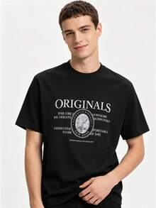 Black Crew Neck Old Fashion Text Pattern Print Unisex Daily Vintage Letter Tops Lightweight Basic Cotton Top - 黑色 - 查看 2