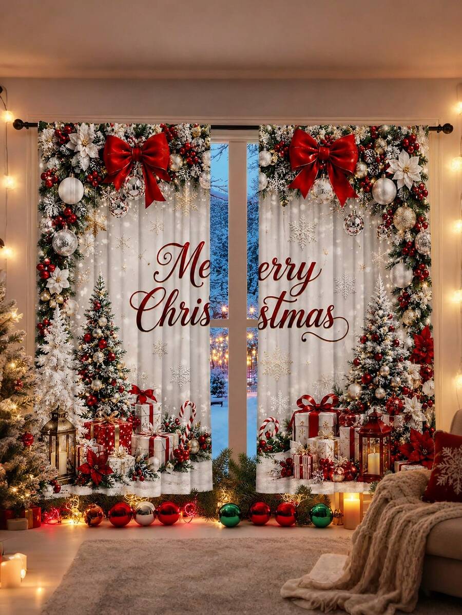 2pcs Christmas Theme Decorative Curtains, Minimalist Luxury European Style Christmas Print Curtains - Red Bow Christmas Tree Christmas Pattern, 100% Polyester Light Filtering Rod Pocket Curtains, Suitable For Living Room And Bedroom, Rod Not Included, Living Room Christmas Curtains, Holiday Window Decor