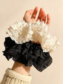 2PCS New French Style Premium Multi-Layer Lace Scrunchies, Large Hair Ties For Women, Ponytail Hair Accessories, Soft Slouchy, Exquisite Hair Decor - Multicolor - View 3