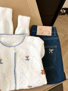 Women's Vintage White Knitted Cardigan, Blue Trim Floral Embroidery, Long Sleeve Regular Length Medium Stretch Winter Sweater - White - View 9