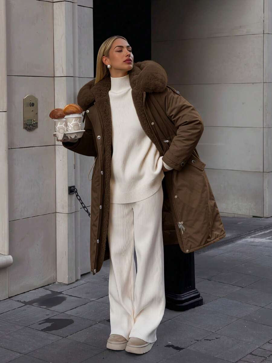 Women's Mid-Length Jacket With Faux Fur Collar And Belt, Suitable For Autumn/Winter