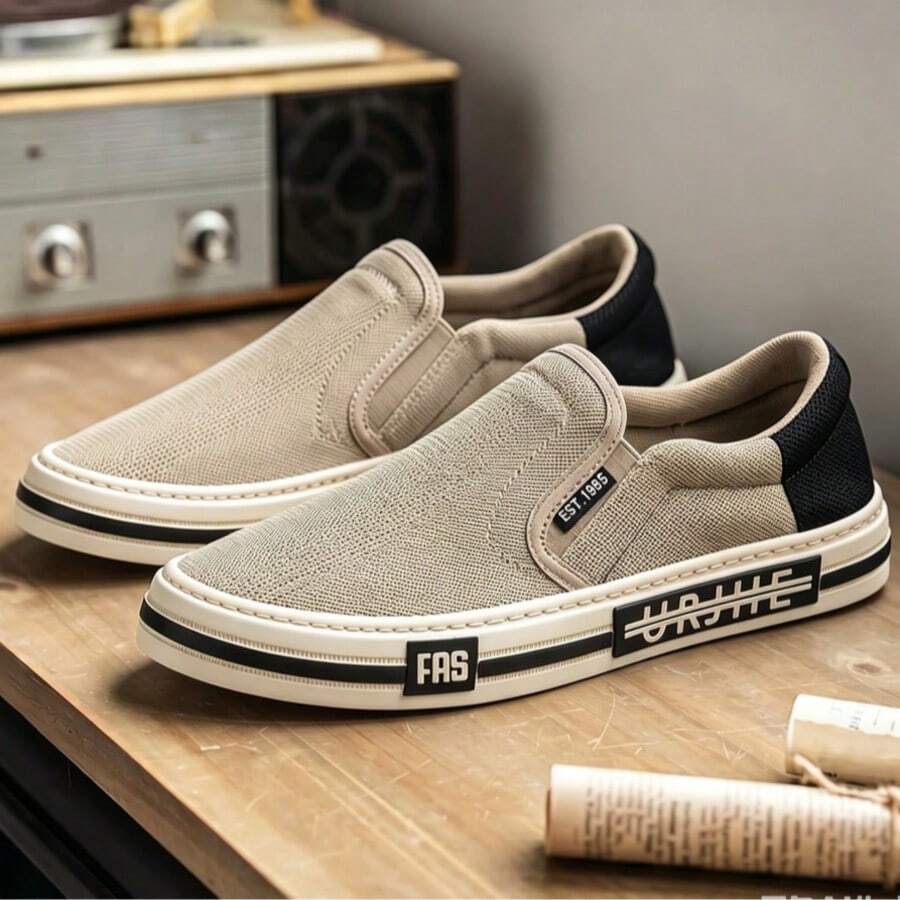 Men's Two-Tone Colorblock Slip-On Canvas Shoes, Contrast Heel & Collar, Non-Slip Thick Sole Slouchy Casual Walking Loafers - Beige - View 1