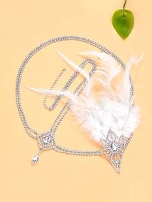 1pc 1920s Flapper White Feather Forehead Headband With Rhombus Rhinestone Water Drop Pendant, Gatsby Women's Evening Party Headpiece - Rhinestones - View 5