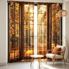 2pcs Autumn Forest Landscape Printed Window Curtains, Nature Tree Scenery Design, Light Filtering Polyester Rod Pocket Curtains For Bedroom Living Room Home Decor - Multicolor - View 6