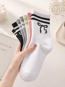 1/5/10pcs Women's Random Striped Bowknot Solid Color Minimalist Fashion Mid-Calf Socks, Soft Comfortable Breathable All-Season Versatile Preppy Casual Sports Suitable For Daily Wear - Multicolor - View 1