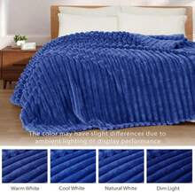 1pc Solid Color Striped Plaid Soft Wool Fleece Blanket Bedroom Room Decor All Season Use Sofa Throw - Navy Blue - View 3