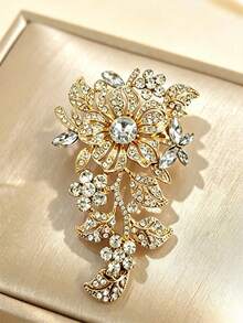 1pc Rhinestone Flower Brooch, Fashion Exaggerated Luxury Crystal Brooch Pin Accessory For Women - Gold - View 4