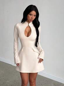 Gaun Musim Gugur, Gaun Lengan Panjang Seksi dengan Tali Pengikat, Gaun Wanita Elegan, Cocok untuk Ulang Tahun, Kencan, Pesta Koktail, Gaun Pendek Putih, Pernikahan - Aprikot - View 7