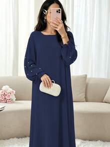 Elegant Double Layer Khimari Long Robe, Pearl Decorated Drawstring Sleeves, Loose Fit Modest Long Dress, Suitable For Middle Eastern Women - Multicolor - View 20