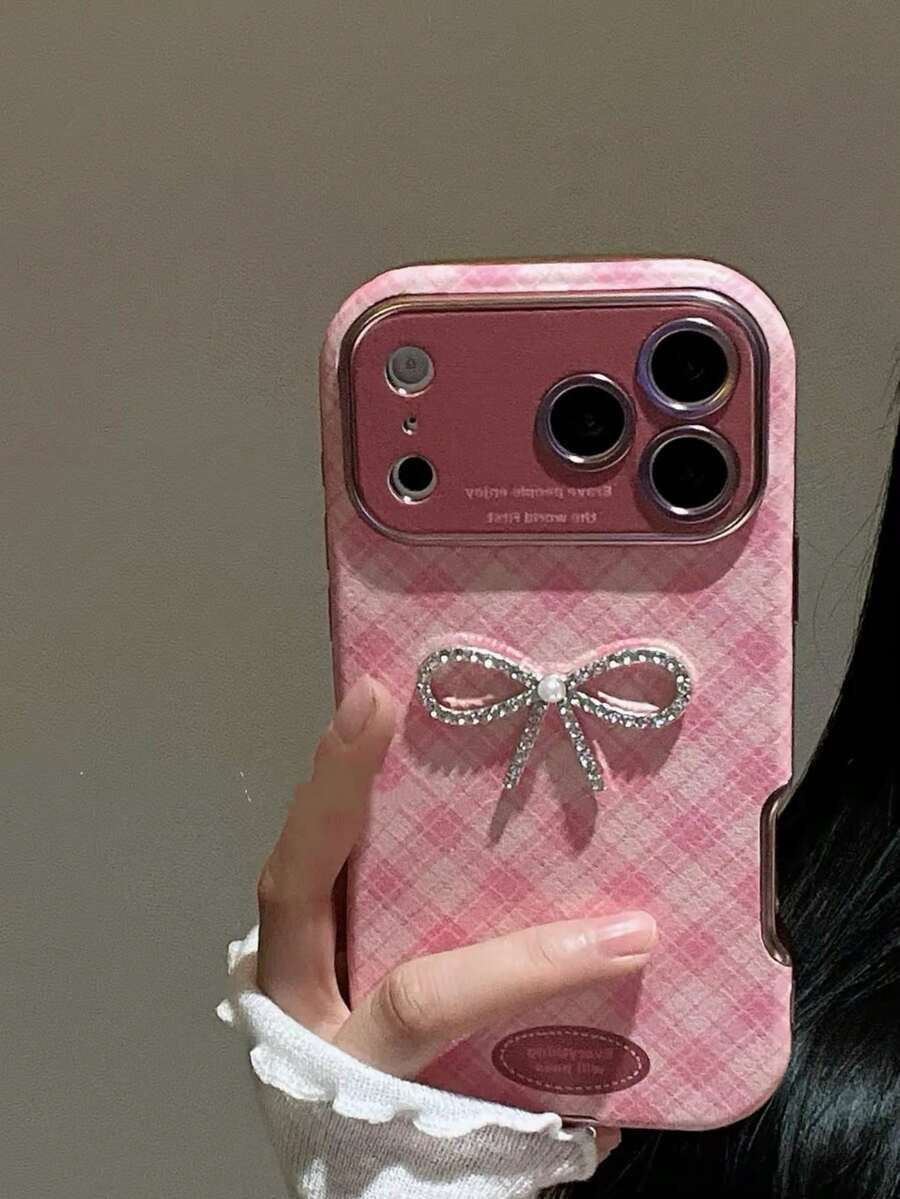 Ins Style Houndstooth Pink Bow Phone Case Compatible With Iphone 16, 17 Pro Max, 15, 14, 18 Pro Max, Full Coverage Anti-Drop, Niche Design For Women - Pink - View 1