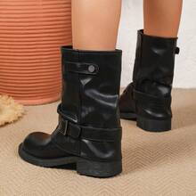 Women's Motorcycle Ankle Boots, Ruched Mid-Calf Riding Boots, Vintage Chunky Heel 4cm, Belt Buckle Slouchy Boots - Black - View 3