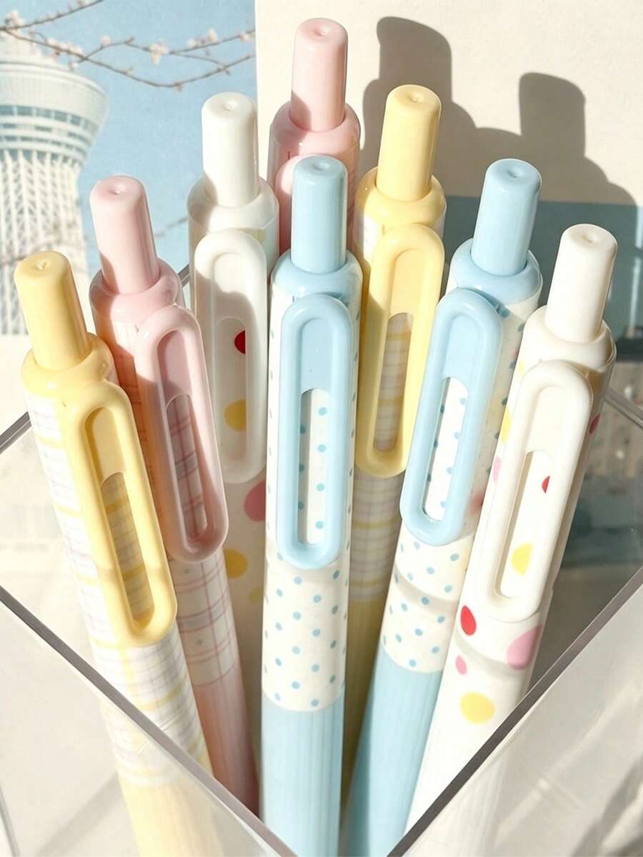 Ins Plaid Polka Dot Cream Color Click Pen ST Smooth Tip Highly Attractive Girly Style Stationery For Journaling And Writing - A - View 1