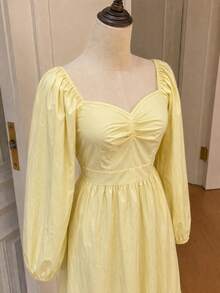 Yellow Square Neck Puff Long Sleeve Layered Maxi Dress, Bohemian Style Flowy Elegant Vacation Dress - Yellow - View 10