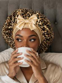 Leopard Print Satin Sleep Bonnet With Bow,Stretch Hair Wrap Cap,Soft Satin Night Hair Protection Bonnet For Natural Curly Hair Women,Back To School - Multicolor - View 4