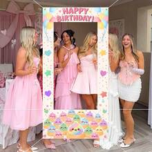 1pc Cute Dumpling Cartoon Pattern Happy Birthday Backdrop, Pink Photo Booth Frame Background, Birthday Party Supplies, Room Decor, Outdoor Decor, Suitable For Birthday Party Selfie Photo Background Decoration - Multicolor - View 3