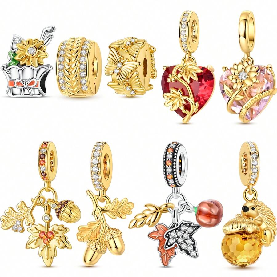 1 Pc 18K Gold Plated Autumn Maple Leaf Wheat Acorn Sunflower Series Charm Fit Bracelet For Diy Jewelry Making, Ideal Choice For Women Jewelry Gift - Gold Or Silver - View 1