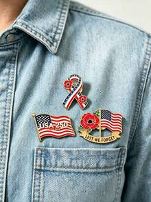 1pc Lest We Forget Poppy Brooch, American Flag Ribbon Commemorative Badge, Backpack & Jacket Decoration - Multicolor - View 4