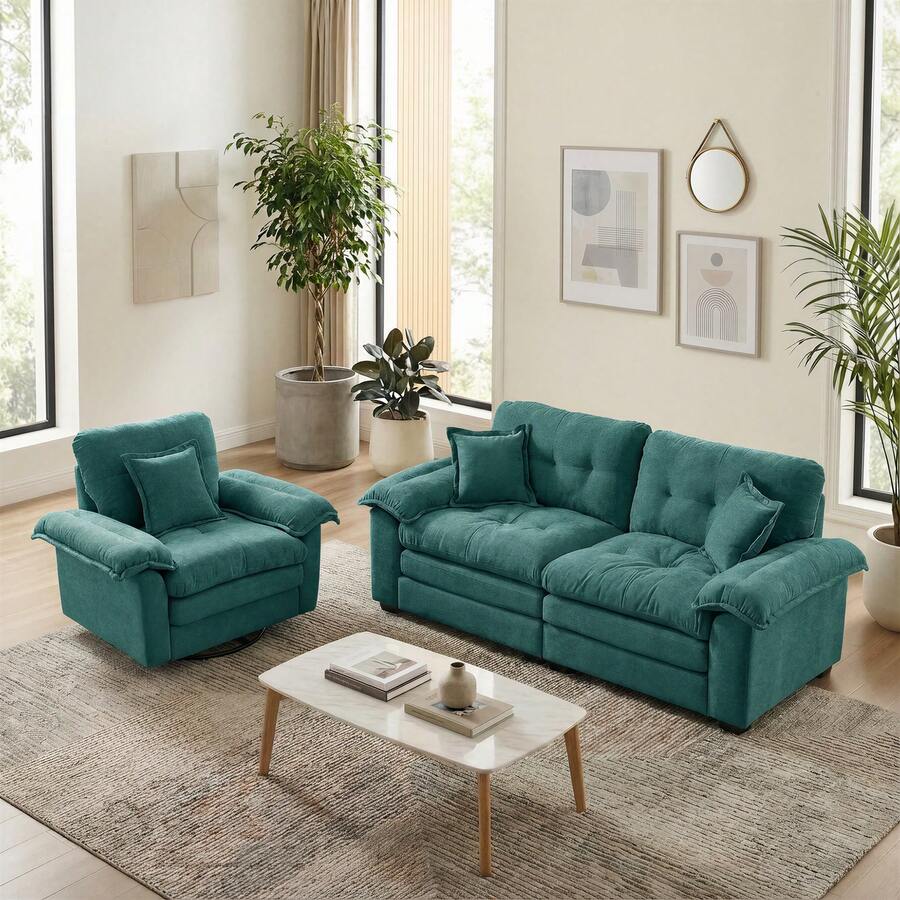 Green 3 Seat Sofa - Chenille Fabric Sofa With Decorative Cushions - Green 3 Seat - 查看 1