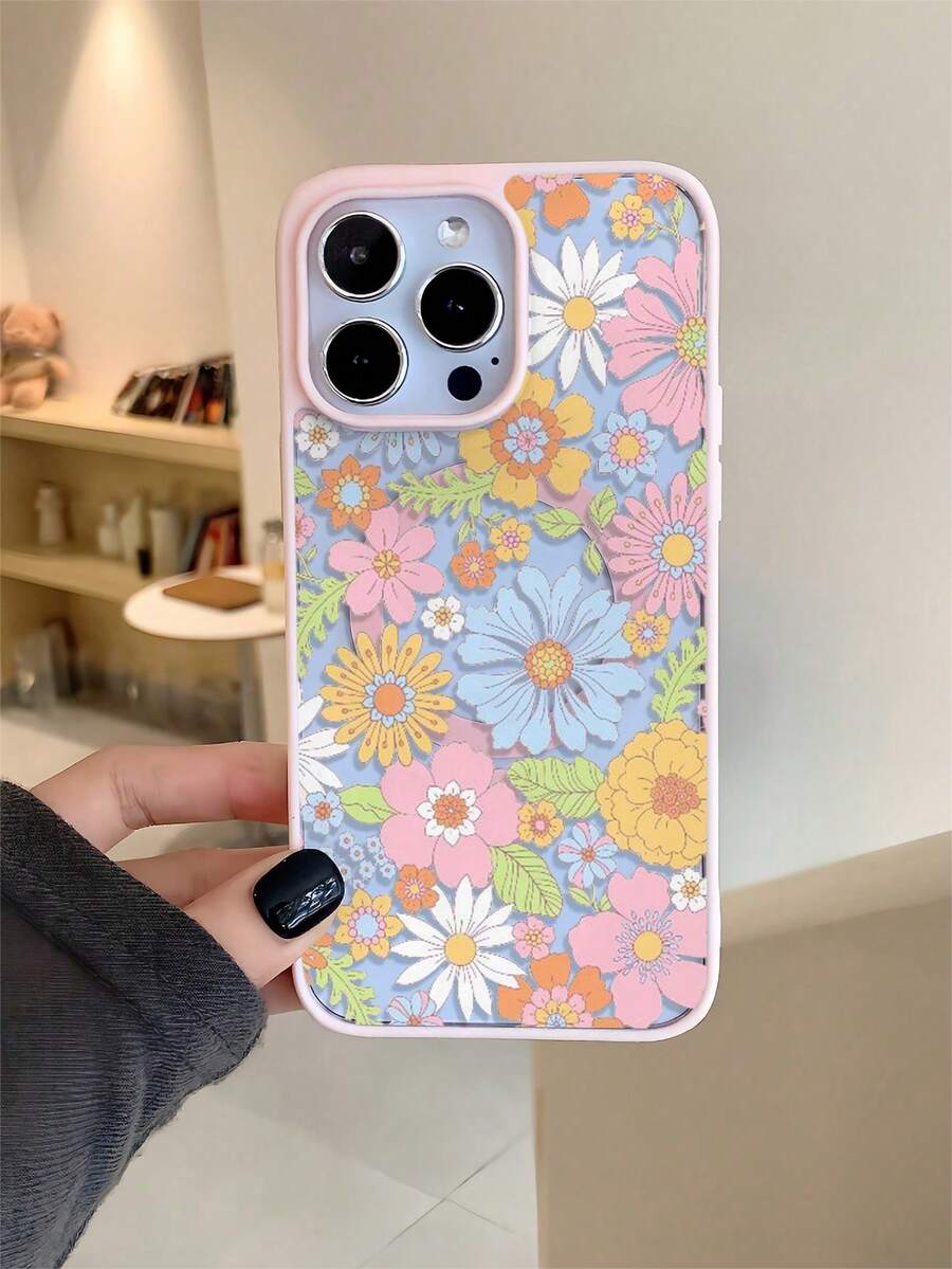 This Simple Magnetic Apple Phone Case With Flower Patterns Is Suitable For 16/15/14/13/12/11 Pro/Plus/ProMax/XS Max/X/XS Series Mobile Phones. It Supports Wireless Charging And Has Shockproof Protection Function. It Is A Fashionable Choice For Family Members, Friends, Oneself, Partners, Etc. - 粉色 - 查看 1