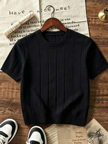 Boys' Teen Student Casual Solid Color Crew Neck Pullover Ribbed Knit Short Sleeve T-Shirt Spring Summer Top - Black - View 4