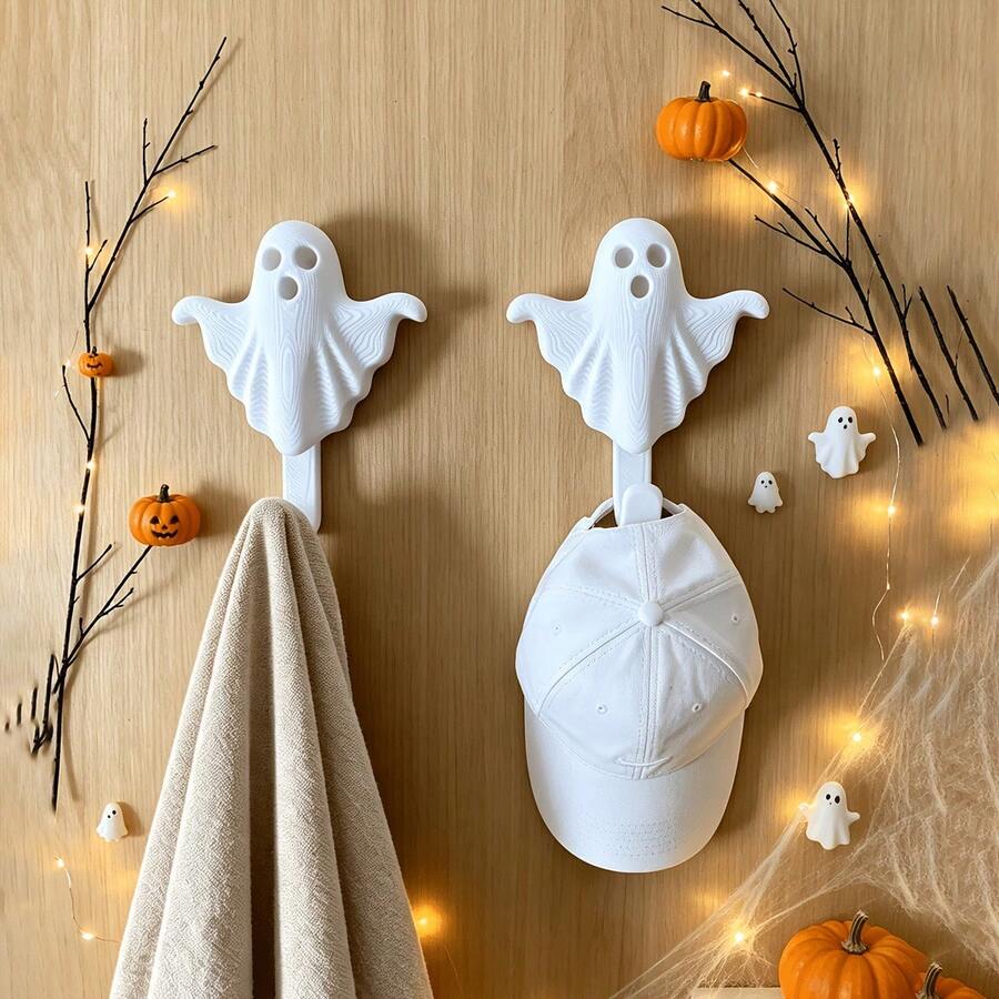 3pcs Halloween White Ghost Adhesive Wall Hooks, Wood Grain No-Drill Decorative Hooks, Cute Ghost Shaped Hooks, Suitable For Hats, Towels, Keys, Bags, Halloween Indoor Home Bathroom Entryway Wall Decoration - Multicolor - View 1