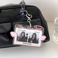 1個極簡設計女孩愛心透明天使波點3英吋卡套，偶像小卡收納吊飾，附波浪蕾絲蝴蝶結，粉絲小卡保護鑰匙圈，3英吋照片卡展示套，學生證卡套 - 彩色 - 查看 9