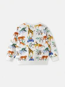 Young Girl Round Neck Long Sleeve Sweatshirt All-Over Print Wild Animals Giraffe Elephant Tiger Loose Casual Pullover Sweatshirt For Toddlers And Young Children - White - View 3