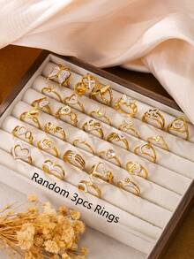 3/6/10/15/20/30pcs European And American Luxury Style Stainless Steel Gold Ring Set, Rhinestone Heart And Butterfly Design, Suitable For Women's Daily, Holiday, Date, Engagement, Wedding Wear - Gold - View 7