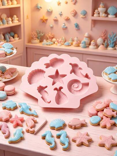 7-Cavity Pink Ocean Animal Theme Mold, Starfish, Shell, Small Fish Multi-Cavity Heat-Resistant Silicone Mold Suitable For Plaster, Soap, Candle, Jewelry Making, DIY Crafts, Home Decor Ornaments