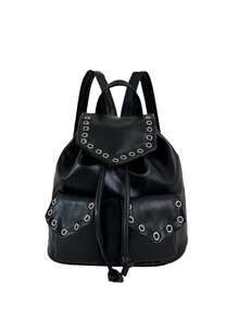 Dedoo Mochila con cordón,Decoración de remaches de unicolor,Doble bolsillo delantero,Gran capacidad,Mochila escolar,Campus universitario,Mochila de estudiante punk genial - Negro - Ver 4