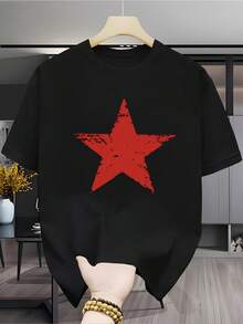 Camiseta de manga corta para hombre con estampado de estrella roja vintage, estilo urbano americano, transpirable, versátil y casual para el verano. - Negro - Ver 7