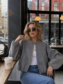 Grey Women Fall Winter Cropped Zip Up Jacket Round Neck Loose Long Sleeve Pocket Coat Halloween Homecoming Christmas Outfit - Grey - View 5