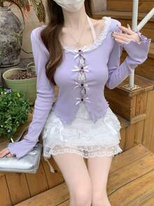 Women's Ribbed Knit Long Sleeve Top With Contrast Lace Trim And Bow Detail, Purple Round Neck Bell Sleeve Sweater - Lilac Purple - View 3