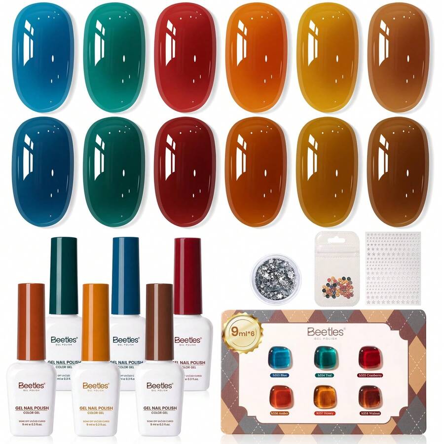 Beetles 6 Colors 9ML Retro Glaze Fall Jelly Gel Nail Polish Set, Sheer Amber, Brown, Blue, Teal, Burgundy, Red & Orange Tones With DIY Color Card, Nail Charms, Buttons & Glitter For UV Nail Art - 6 Colors 9ML Retro Glaze Fall Jelly - 查看 1