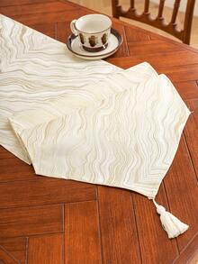 1pc Creamy Style Marble Texture Table Runner, Premium Beige Tassel Dining Table Cloth, Bed Runner For Home Decor - Beige - View 7
