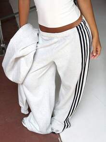 Women Wide Leg Sweatpants Grey, Casual Commute Drawstring Waist Long Pants, Autumn - Grey - View 6