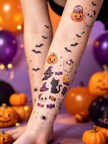 4PCS Halloween Large Edition Cute & Adorable Tattoo Stickers, Low-Terror Funny Edition: Ghosts, Bats, Spiders, Candies, Black Cats, Etc. Waterproof & Long-Lasting, Perfect Halloween Gift For Friends - Multicolor - View 4