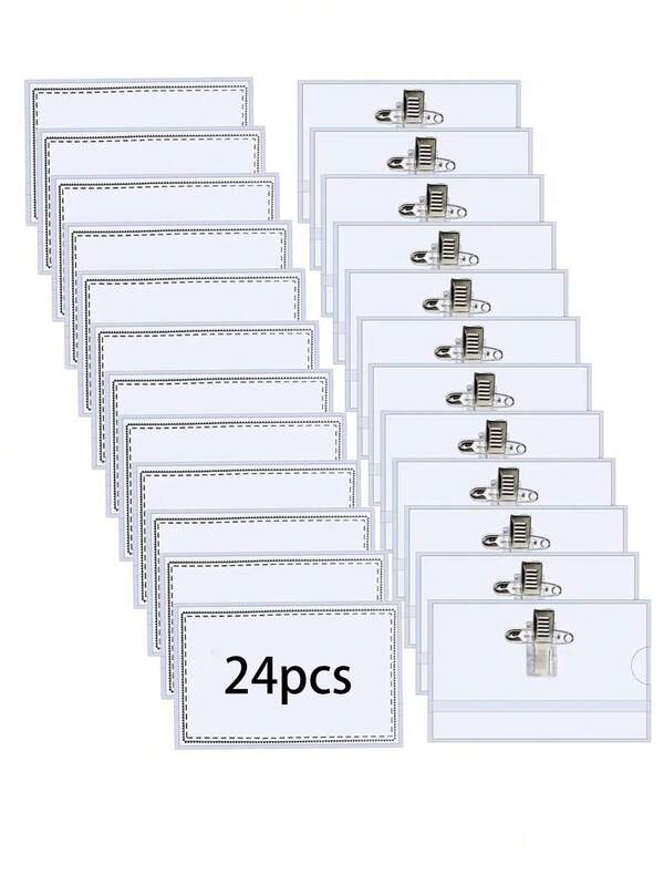 24pcs Fun Name Tags With Clips And Pins (9 X 5.6cm) - Transparent Plastic Horizontal ID Badge Holders, Suitable For Office, School And Meetings; Durable PVC Badge Holders With Clip/Pin Combination Fasteners And Reinforced Badge Clips
